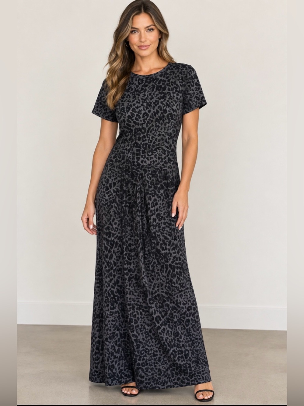 Old Navy Black and Gray Leopard Print Short Sleeve Maxi Dress